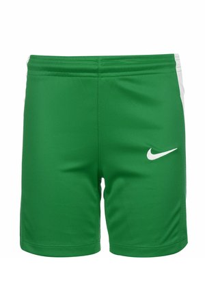 Shorts de sport verts en tissu léger avec des accents blancs sur les côtés et un logo Nike blanc à l'avant.