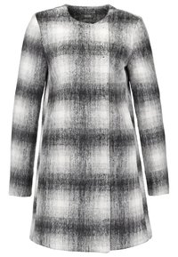 Kabát s dlouhým rukávem v šedobílém károvaném vzoru, vyrobený z měkké látky s hladkou texturou, s kulatým výstřihem a rovný střihem.