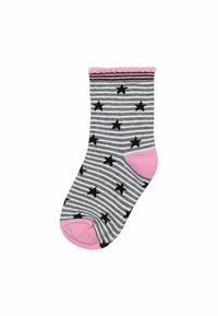 Chaussettes gris rayées avec des étoiles noires, accents roses au talon et à l'orteil, et une bande supérieure rose en forme de scallop. Matière en coton tricoté, design décontracté.