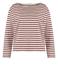 Chemise à manches longues rayée bordeaux et crème, tissu en maille légère, coupe décontractée, encolure carrée et ourlet droit, avec détails de couture visibles.