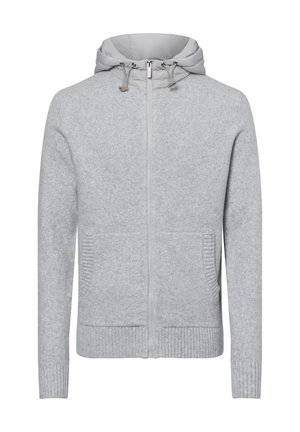 Hellgraue Zip-Hoodie aus weichem, strukturiertem Stoff. Verfügt über eine Kapuze mit Kordelzug, zwei Fronttaschen und gerippte Bündchen sowie Saum.