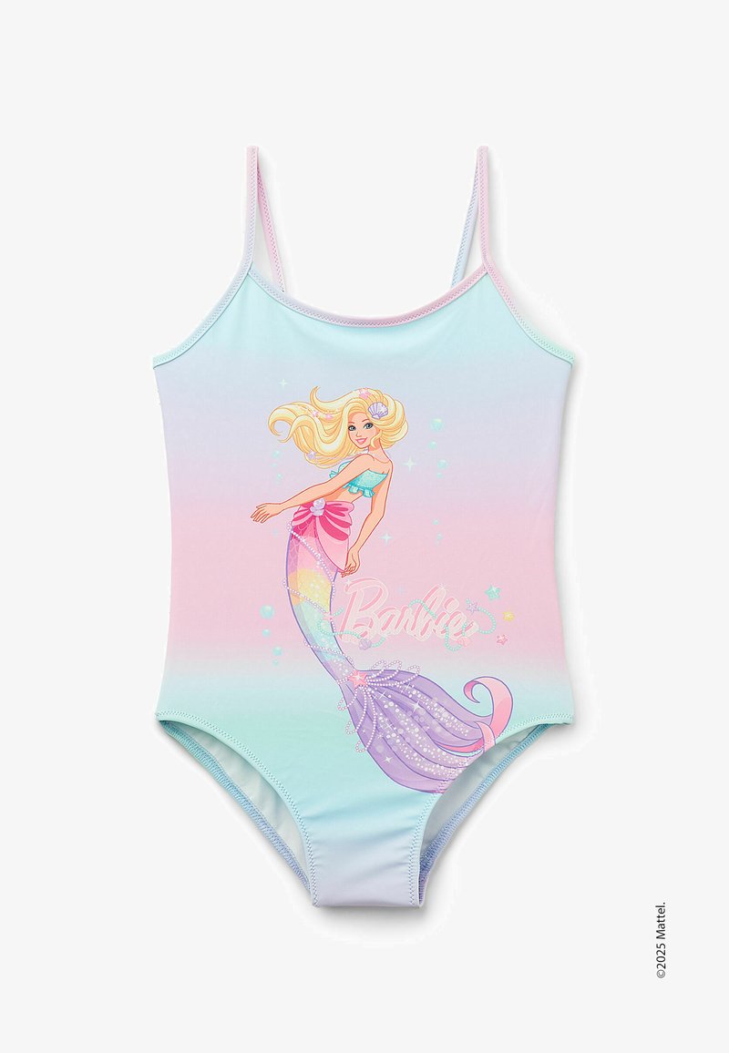 Dvoudílné plavky mají pastelový gradientový design, zobrazující grafiku mořské panny s třpytivými akcenty a nápisem "Barbie" v růžové barvě.