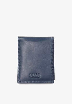 Marineblauw lederen portemonnee met een gestructureerde afwerking, voorzien van gestikte randen en een geperst logo. Compact, rechthoekig ontwerp.