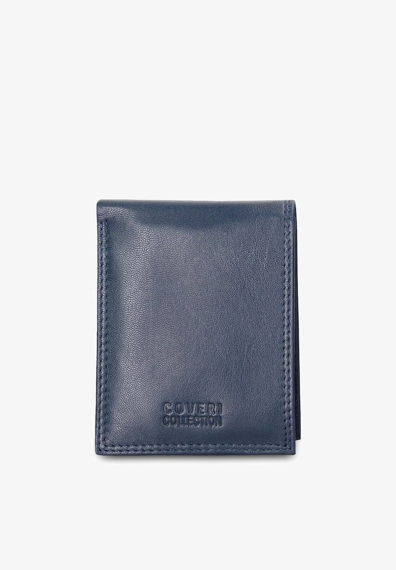 Marineblauw lederen portemonnee met een gestructureerde afwerking, voorzien van gestikte randen en een geperst logo. Compact, rechthoekig ontwerp.