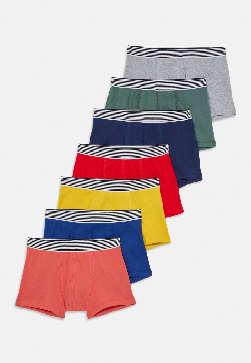 Sept paires de boxers pour hommes dans différentes couleurs : gris, vert, marine, rouge, jaune, bleu et corail, avec des ceintures élastiques rayées.