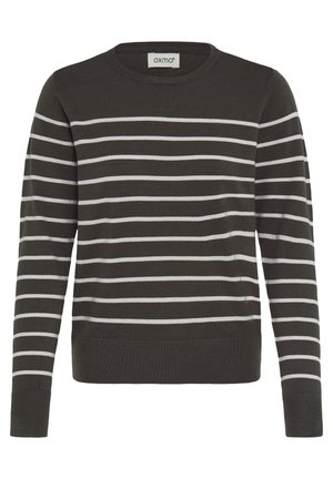 Mørkegrøn sweater lavet af blødt strikmateriale. Har hvide horisontale striber, rund halsudskæring samt ribstrikkede manchetter og kant.