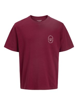 Burgundy crew neck T-shirt with short sleeves, featuring white circular text and "NY" logo on the left chest.