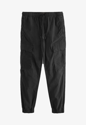 Pantalon cargo noir fuselé avec taille élastique, cordon, poches latérales à rabat et poignets élastiques.