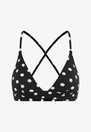 Zwarte bikini-top met witte stippen, driehoekige cups, textuurstof en gekruiste bandjes op de rug.