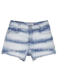 Szorty dżinsowe w jasno niebieskim odcieniu z efektem tie-dye, postrzępionym wykończeniem dołu i czterema kieszeniami, w tym dekoracyjnymi elementami metalowymi.