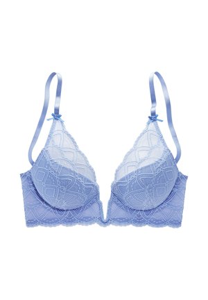 Himmelblauer Spitzen-BH mit transparenten Cups, gewellten Kanten und satinierten Trägern. Mit einer kleinen Schleifen-Akzent in der Mitte des BHs.