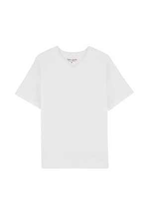 T-shirt blanc uni à manches courtes avec col en V, étalé à plat avec l'étiquette du col visible, sur un fond blanc.