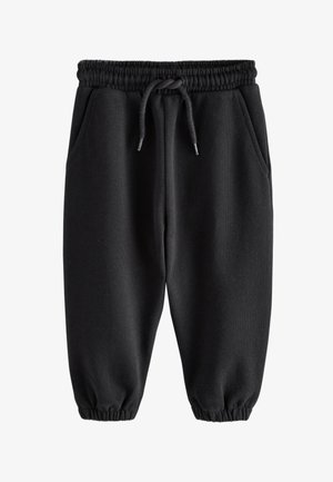 Pantaloni de trening negri cu talie elastică, șnur, buzunare laterale și mansete elastice la glezne.