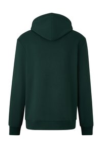 Ciemnozielony hoodie z długimi rękawami, ribbowymi mankietami i paskiem, pokazany z tyłu na białym tle.