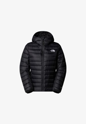 Black insulated jacket with a hood, featuring a zip closure, quilted design, and logo accents. Sleek material with ribbed cuffs.