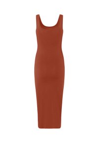 Robe maxi sans manches, ajustée, de couleur rouille, avec un décolleté rond et une texture douce et lisse. Pas de motifs ni d'accents.