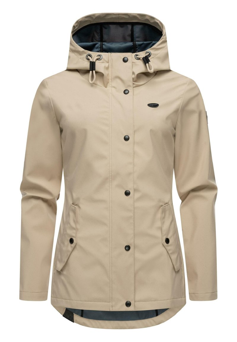 Beige waterproof jacket with a fitted hood, black buttons, and two side pockets. Features accent stitching and a slightly longer back.