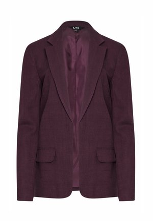 Blazer bordeaux in tessuto leggermente strutturato, con rever a punta, due tasche frontali e una fodera interna liscia di una tonalità simile.