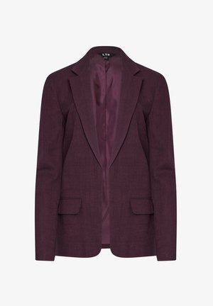 Bordeaux blazer van een licht gestructureerde stof, met een reverskraag, twee voorzakken en een gladde binnenvoering in een vergelijkbare kleur.