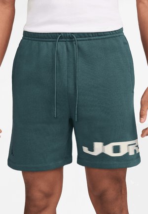 Mężczyzna w ciemnozielonych spodenkach ze ściągaczem, z dużym białym napisem "JORDAN" i małym logo Jumpman blisko brzegu na białym tle.