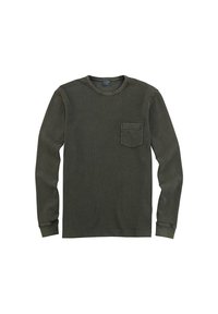 Langärmliges olivgrünes Hemd aus strukturiertem Stoff, mit Rundhalsausschnitt und einer Brusttasche.