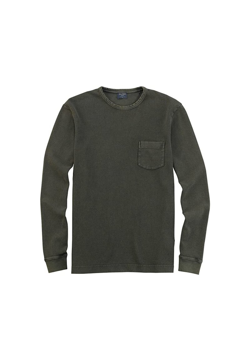 Langärmliges olivgrünes Hemd aus strukturiertem Stoff, mit Rundhalsausschnitt und einer Brusttasche.