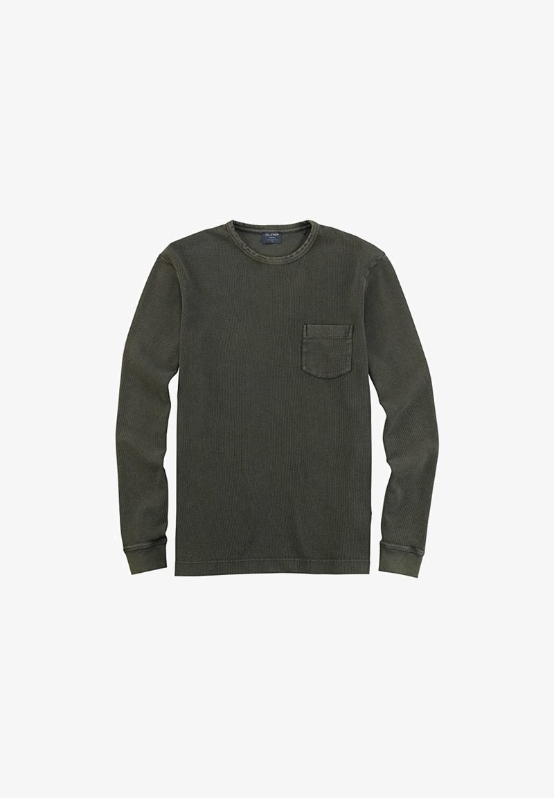 Langärmliges olivgrünes Hemd aus strukturiertem Stoff, mit Rundhalsausschnitt und einer Brusttasche.