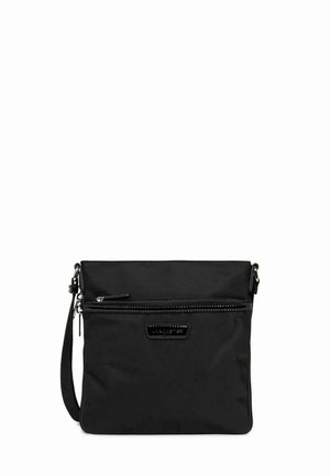 Zwart nylon schoudertas met een ritssluiting, een voorste ritsvak, een verstelbare schouderband en reliëflogo-details. Heeft een gladde textuur.