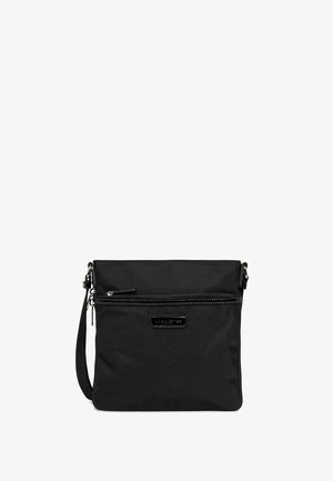Sac bandoulière en nylon noir avec fermeture éclair, poche zippée à l'avant, bandoulière réglable et logo en relief. Présente une texture lisse.