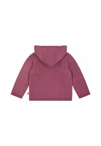 Giacca in fleece con cappuccio di un morbido colore malva. Presenta un tessuto strutturato, maniche lunghe e un orlo rifinito. La vista posteriore mostra una vestibilità comoda.