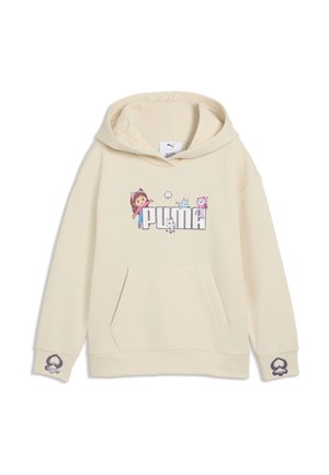 Sudadera con capucha de color crema con bolsillo delantero, con el texto "PUMA" y personajes de dibujos animados encima, además de un corazón púrpura y huellas de patas en los puños.
