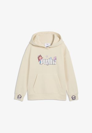 Felpa con cappuccio color crema con tasca frontale, con la scritta "PUMA" e personaggi dei cartoni animati sopra, più un cuore viola e impronte di zampe sui polsini.