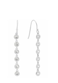 Orecchini pendenti in argento con una serie di impostazioni ovali con pietre trasparenti e sfaccettate, che mettono in risalto un design elegante e minimalista.