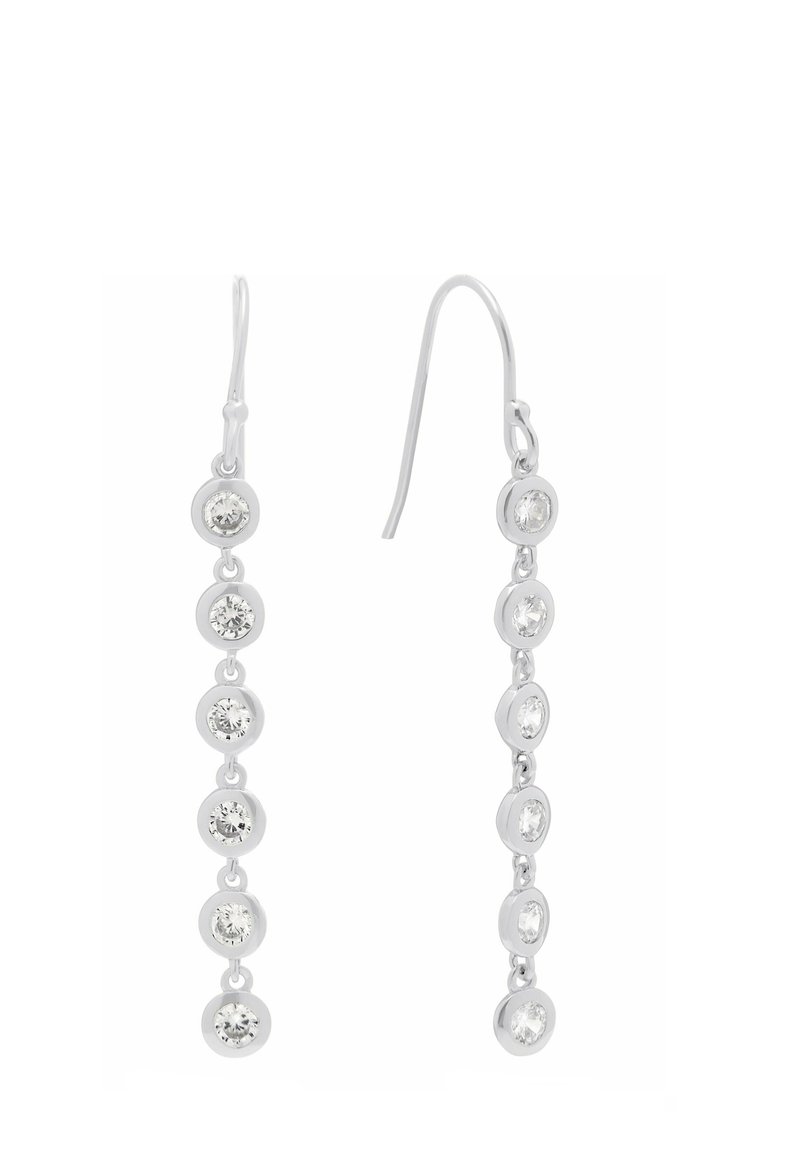 Orecchini pendenti in argento con una serie di impostazioni ovali con pietre trasparenti e sfaccettate, che mettono in risalto un design elegante e minimalista.
