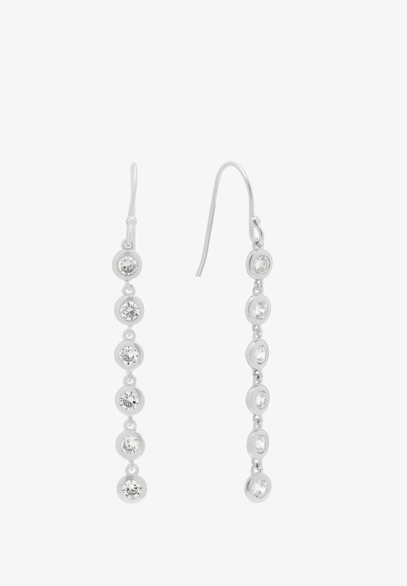 Silverhängande örhängen med en serie ovala inställningar med klara, facetterade stenar, som visar en elegant och minimalistisk design.