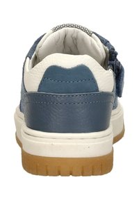 Blue leather and suede sneakers with white accents, textured back, and gum rubber sole. Features a zip closure on the side.