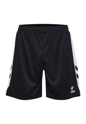 Schwarze Sportshorts aus leichtem Stoff, mit weißen Seitenstreifen und einem Logo auf der unteren rechten Vorderseite. Mit elastischem Bund.