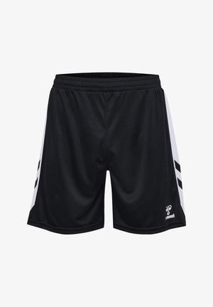 Schwarze Sportshorts aus leichtem Stoff, mit weißen Seitenstreifen und einem Logo auf der unteren rechten Vorderseite. Mit elastischem Bund.