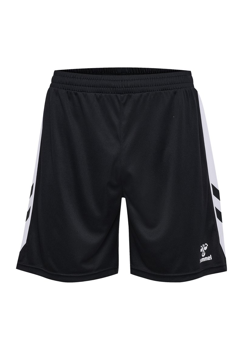 Zwarte sportshorts van lichtgewicht stof, met witte zijstrepen en een logo op de rechteronderkant van de voorkant. Inclusief elastische tailleband.