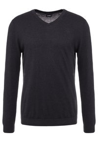 Maglione grigio scuro a scollo a V realizzato in tessuto morbido. Caratterizzato da maniche lunghe e bordo a costine sul collo e sull'orlo. Dettaglio del logo discreto sul petto.