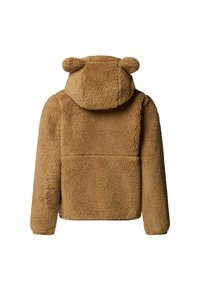 Rjava flis jakna s kapuco z ušesi medveda, teksturirano tkanino, dolgimi rokavi in sprednjim žepom. Pogled od zadaj prikazuje detajle šivov.