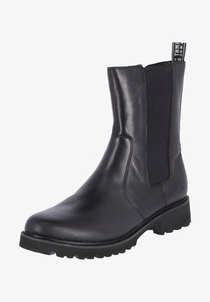 Botte mi-mollet en cuir noir avec panneaux latéraux élastiques, languette de traction à l'arrière et semelle épaisse en caoutchouc crantée pour une meilleure adhérence.