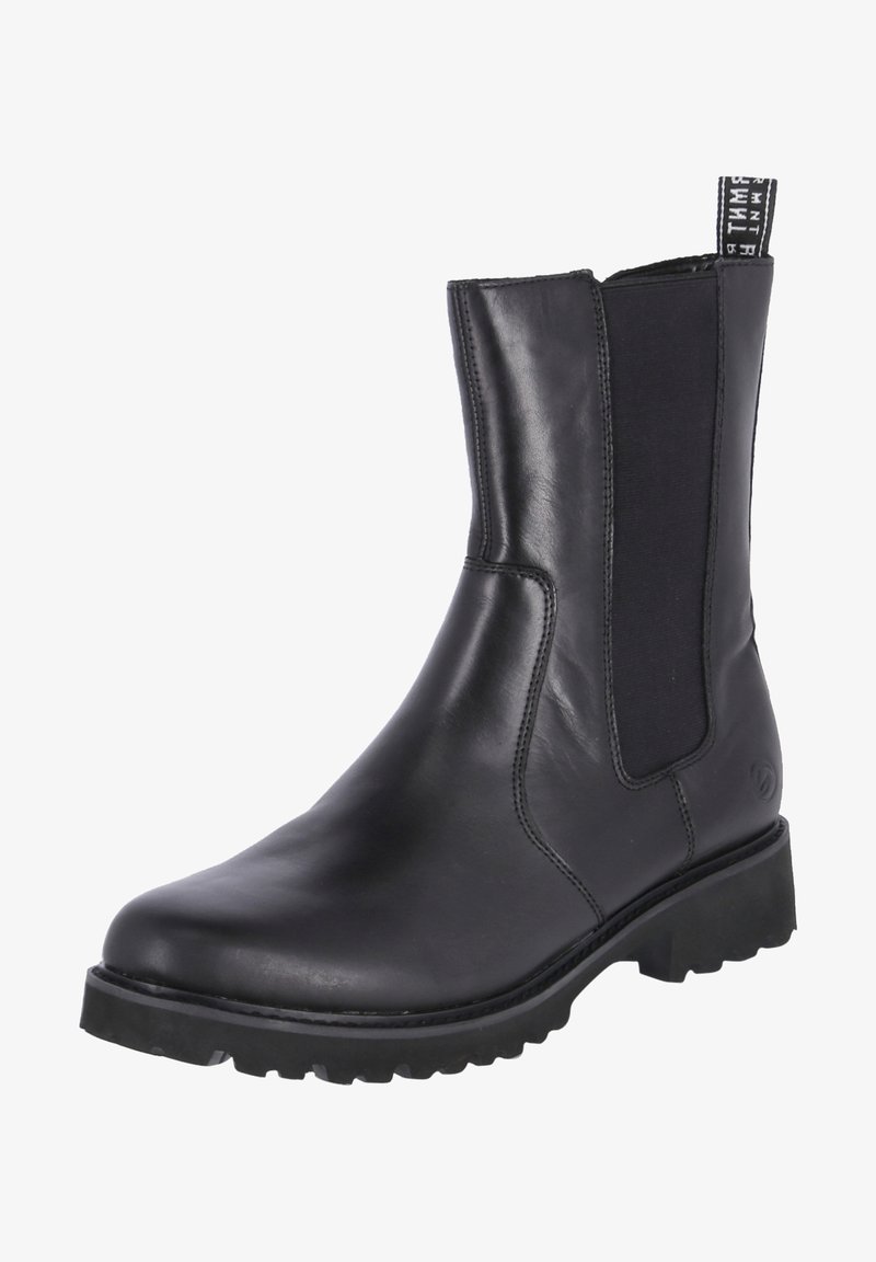 Botte mi-mollet en cuir noir avec panneaux latéraux élastiques, languette de traction à l'arrière et semelle épaisse en caoutchouc crantée pour une meilleure adhérence.