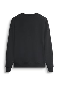 Felpa nera, design a girocollo, maniche lunghe, realizzata in tessuto morbido, presenta polsini e orlo a coste. Semplice, senza motivi o decorazioni.