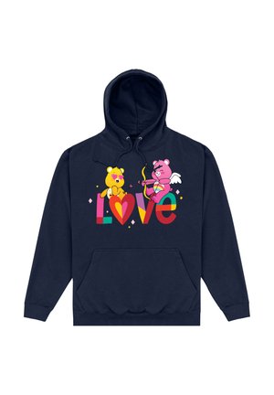 Granatowy hoodie z kieszenią z przodu. Na froncie znajdują się różowe i żółte kreskówkowe misie z sercami oraz słowo "Miłość" napisane kolorowymi, wyraźnymi literami.