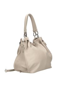 Sac à main en cuir beige au design décontracté, doté de deux poignées supérieures, d'accents en métal et d'une texture douce et lisse.