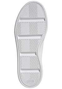 Suola di sneaker bianca con un motivo a spina di pesce, caratterizzata da scanalature e una finitura testurizzata. Logo visibile nella parte inferiore.