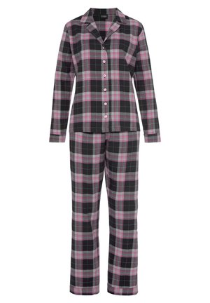 Karierter Schlafanzug bestehend aus einem knöpfbaren Oberteil und langen Hosen. Hergestellt aus weichem Material in Schwarz, Grau, Pink und Weiß mit einem klassischen Karomuster.