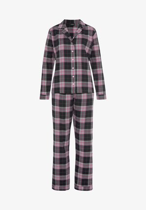 Plaid pajama set featuring a button-up top and long pants. Made from soft material in black, gray, pink, and white with a classic check pattern.