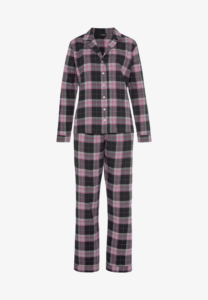 Plaid pajama set featuring a button-up top and long pants. Made from soft material in black, gray, pink, and white with a classic check pattern.